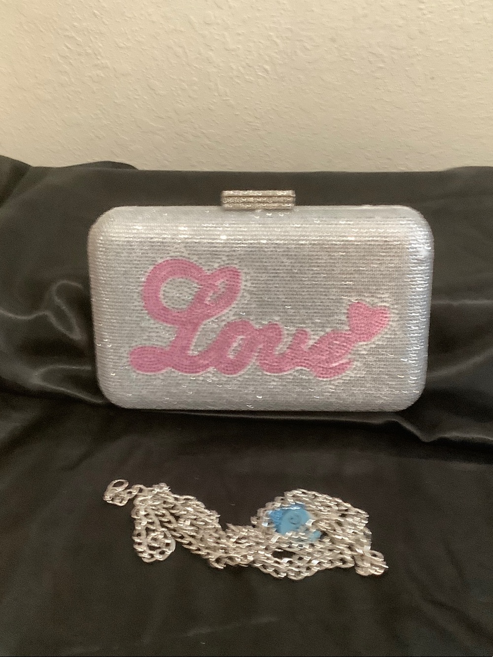 Silver Glitter 'Love' Clutch with Pink Script
